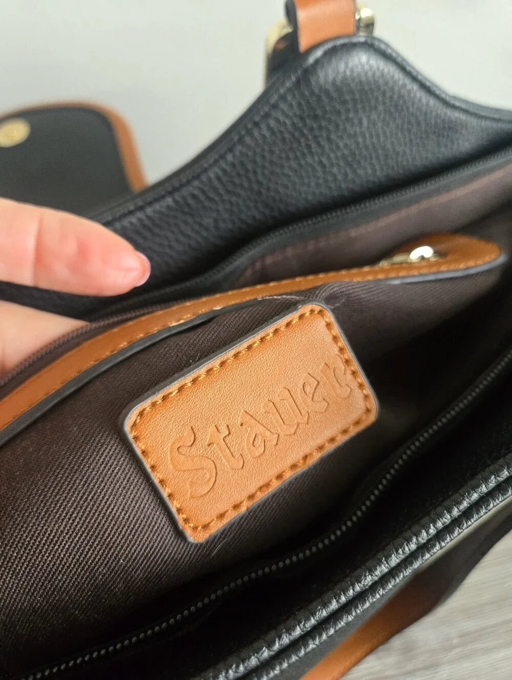Stauer Black & Tan Shoulder Bag Gold Logo Large Satchel Tote